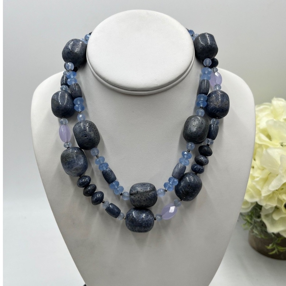 Barse Sterling Silver .925 Blue Coral Chalcedony Two Strand Stone Necklace
